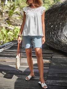 SHEIN LUNE Áo sơ mi nữ Nút Thêu Xù Hoa Dễ thương - trắng - Xem 5