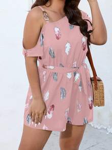 SHEIN Holidaya 大碼羽毛印花不對稱領腰帶連身短褲 - 藕粉色 - 查看 4