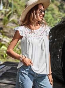 SHEIN LUNE Áo sơ mi nữ Nút Thêu Xù Hoa Dễ thương - trắng - Xem 1