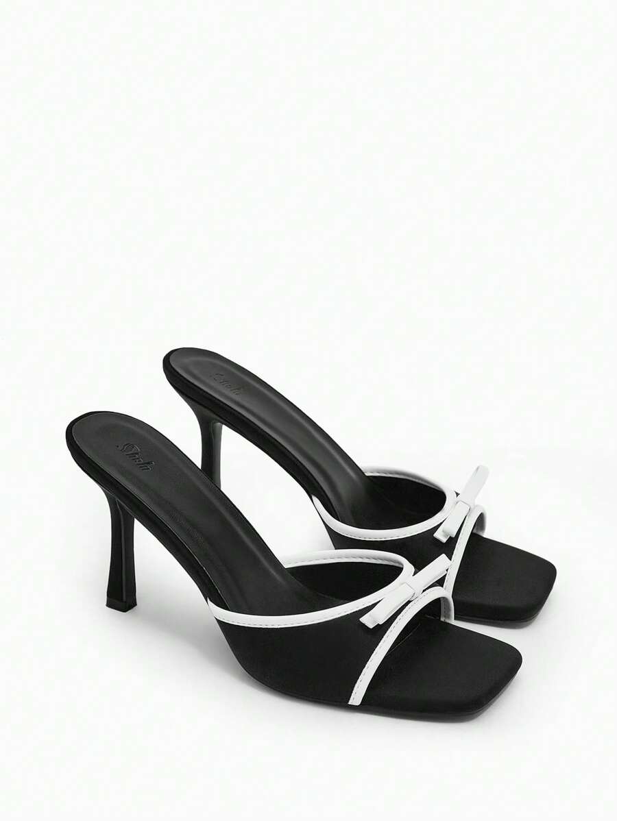 SheIn MOD 女性蝴蝶結裝飾拖色調細高跟涼鞋,優雅夏天穆勒涼鞋 - 黑色 - 查看 1