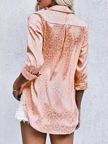 CILKOO Leopard Jacquard Satin Shirt - Coral Pink - View 2