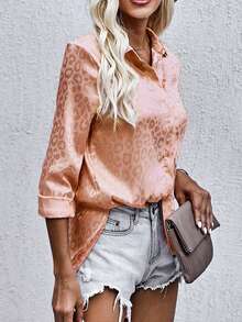 CILKOO Leopard Jacquard Satin Shirt - Coral Pink - View 3