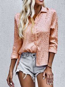 CILKOO Leopard Jacquard Satin Shirt - Coral Pink - View 4