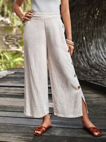 EMERY ROSE 紐扣細節下擺開叉闊腿褲 - 米色 - 查看 2