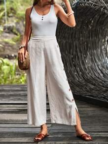 EMERY ROSE 紐扣細節下擺開叉闊腿褲 - 米色 - 查看 4