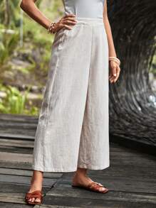 EMERY ROSE 紐扣細節下擺開叉闊腿褲 - 米色 - 查看 5