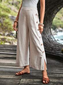 EMERY ROSE 紐扣細節下擺開叉闊腿褲 - 米色 - 查看 1
