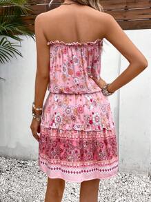 Breezaya 印花褶邊抹胸洋裝 - 粉色 - 查看 2