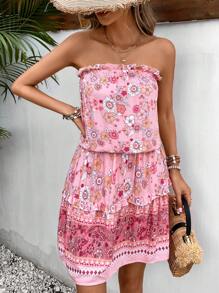 Breezaya 印花褶邊抹胸洋裝 - 粉色 - 查看 3