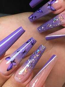 Uñas acrílicas moradas con diseños de mariposas, 24 uñas postizas largas, 1 hoja de cinta y 1 lima de uñas Uñas artificiales de verano para mujeres y niñas - Multicolor - Ver 1