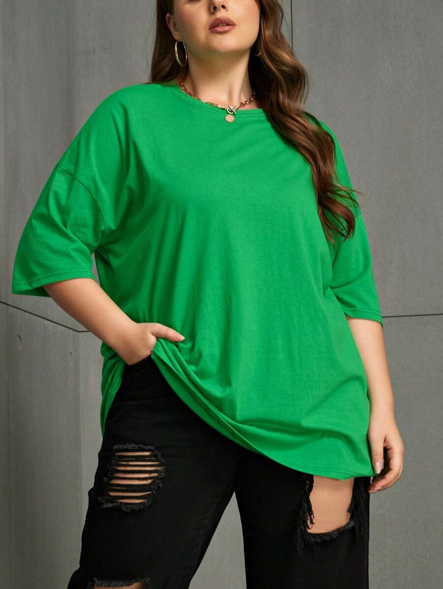 INAWLY Plus 纯色落肩 T 恤 - 綠色 - 查看 1