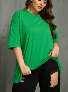 INAWLY Plus 纯色落肩 T 恤 - 綠色 - 查看 4