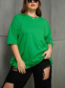 INAWLY Plus 纯色落肩 T 恤 - 綠色 - 查看 5