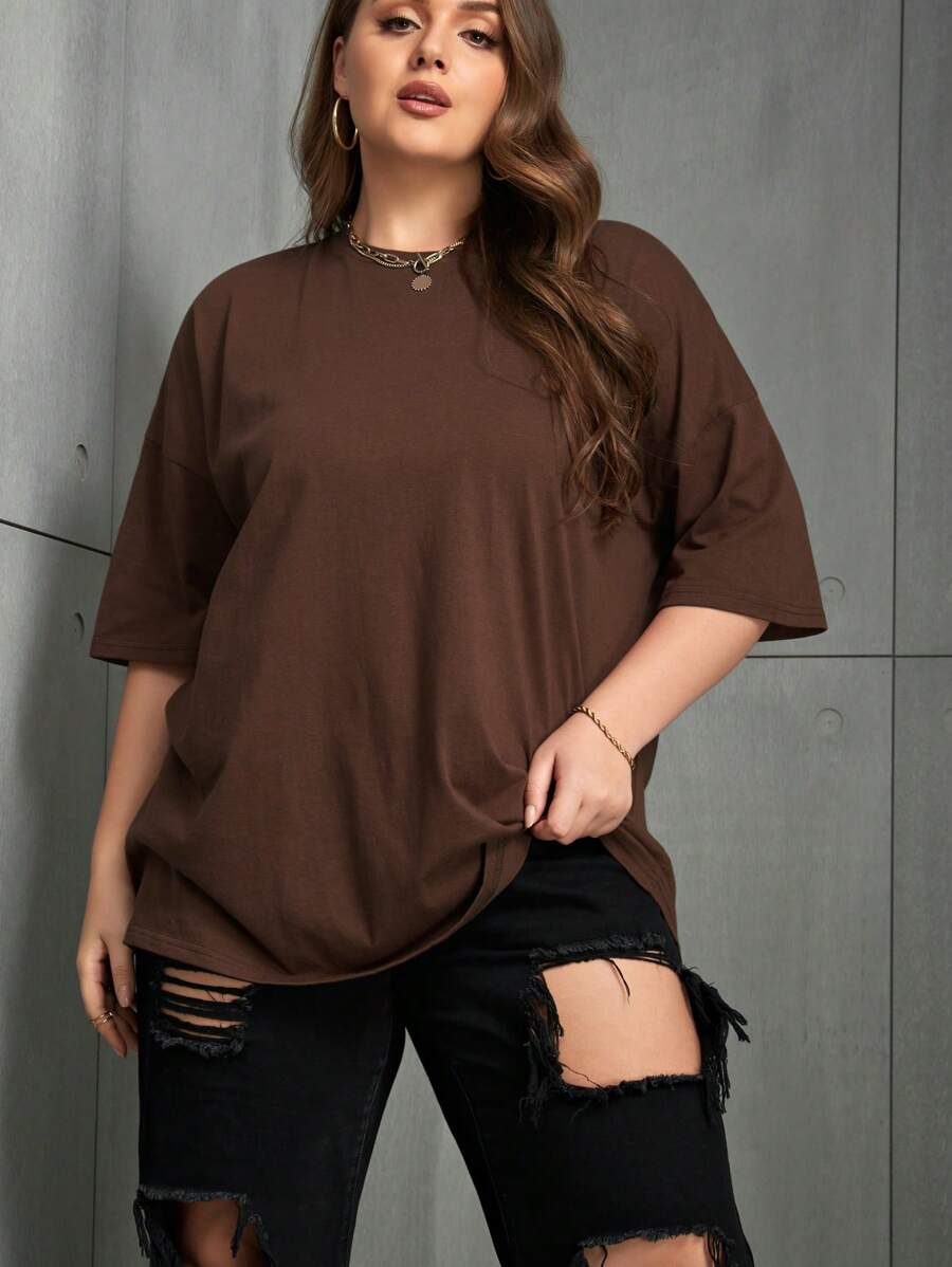 INAWLY Áo thun nữ cổ tròn rộng rãi, màu trơn, dáng rộng, đa năng, size lớn - Màu nâu Sô-cô-la - Xem 1