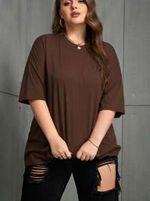 INAWLY Áo thun nữ cổ tròn rộng rãi, màu trơn, dáng rộng, đa năng, size lớn - Màu nâu Sô-cô-la - Xem 4