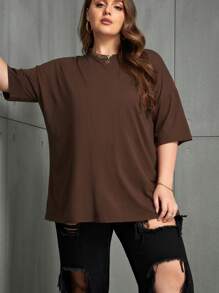 INAWLY Áo thun nữ cổ tròn rộng rãi, màu trơn, dáng rộng, đa năng, size lớn - Màu nâu Sô-cô-la - Xem 5