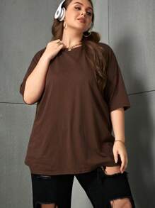 INAWLY Áo thun nữ cổ tròn rộng rãi, màu trơn, dáng rộng, đa năng, size lớn - Màu nâu Sô-cô-la - Xem 6