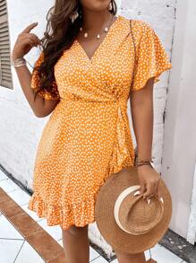 Breezaya Plus Ditsy Floral Print Flounce Sleeve Ruffle Trim Wrap Knot Side Dress - Yellow - View 1