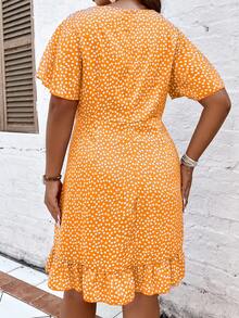 Breezaya Plus Ditsy Floral Print Flounce Sleeve Ruffle Trim Wrap Knot Side Dress - Yellow - View 2