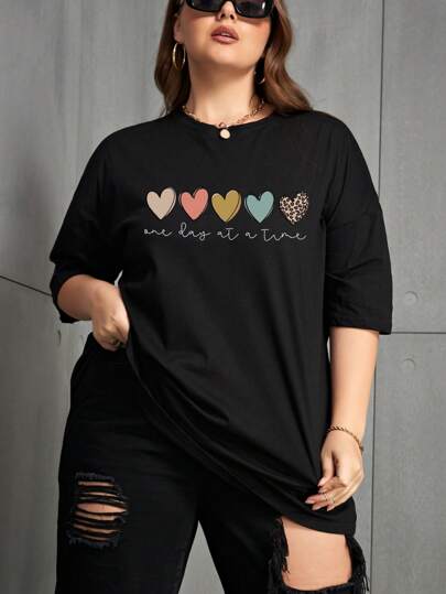INAWLY Camiseta de manga caída con gráficos de corazón y lema, top de verano para mujer, "Un día a la vez"