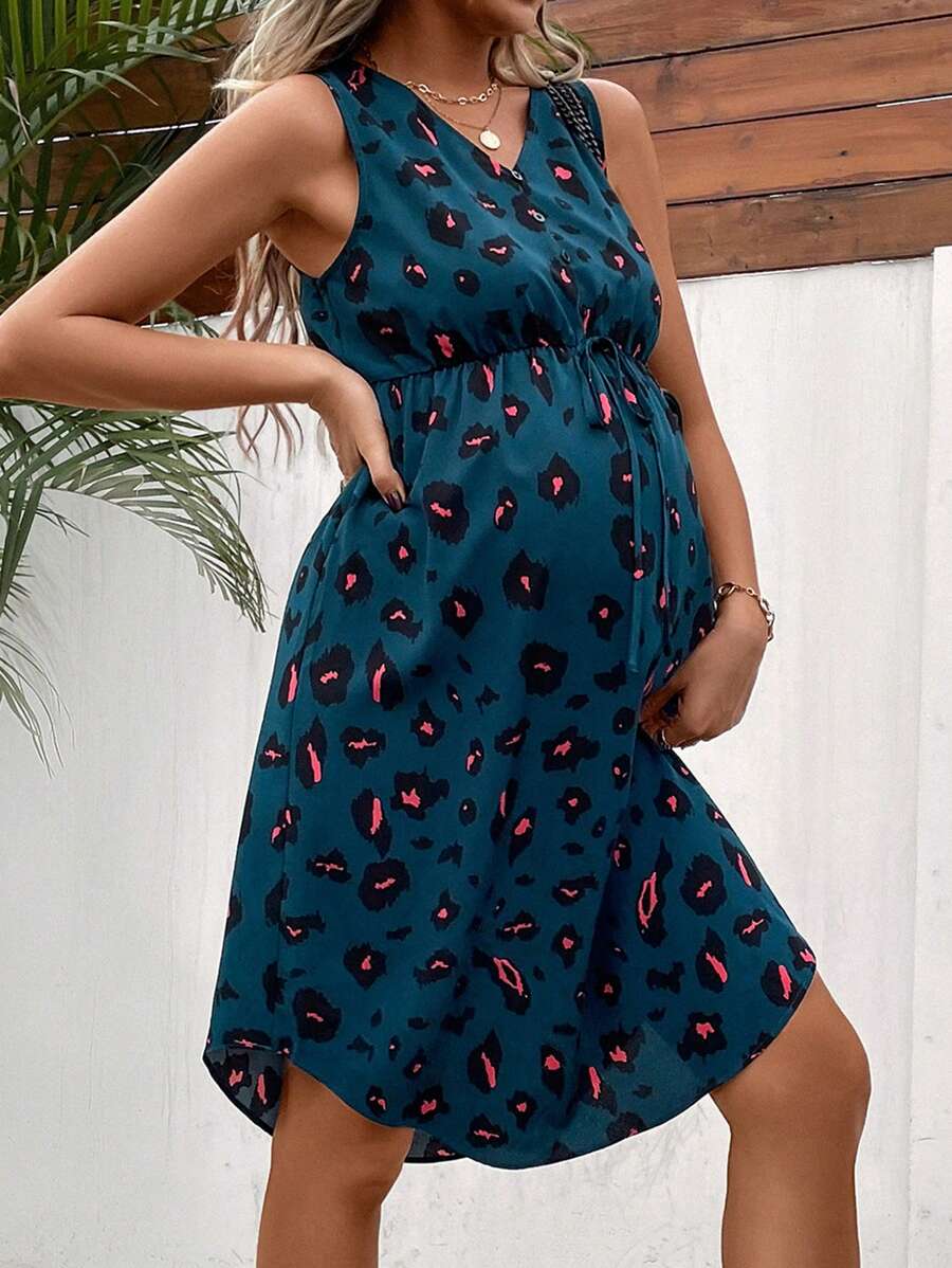 SHEIN 孕婦滿版印花腰上打結洋裝 - 彩色 - 查看 1