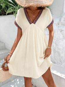 Breezaya Contrast Geo Tape Batwing Sleeve Smock Dress Vacation Beach Outfits Women - Apricot - View 2