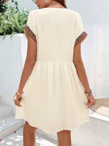 Breezaya Contrast Geo Tape Batwing Sleeve Smock Dress Vacation Beach Outfits Women - Apricot - View 3