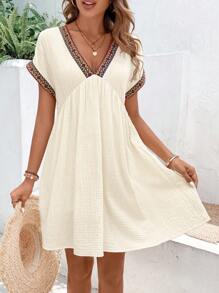 Breezaya Contrast Geo Tape Batwing Sleeve Smock Dress Vacation Beach Outfits Women - Apricot - View 1