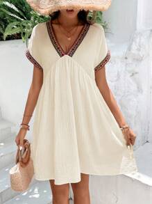 Breezaya Contrast Geo Tape Batwing Sleeve Smock Dress Vacation Beach Outfits Women - Apricot - View 5