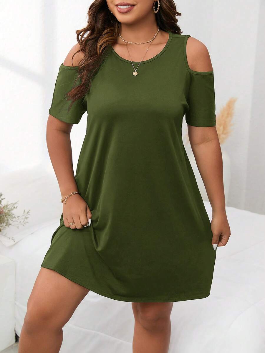 SHEIN LUNE Plus Size Women's Off-The-Shoulder Sunflower  Printed  Round Neck Simple Daily Dress - Army Green - View 1