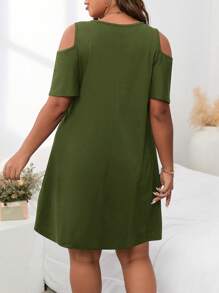 SHEIN LUNE Plus Size Women's Off-The-Shoulder Sunflower  Printed  Round Neck Simple Daily Dress - Army Green - View 2