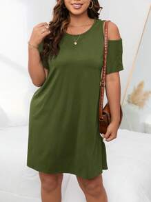 SHEIN LUNE Plus Size Women's Off-The-Shoulder Sunflower  Printed  Round Neck Simple Daily Dress - Army Green - View 3