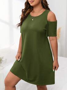 SHEIN LUNE Plus Size Women's Off-The-Shoulder Sunflower  Printed  Round Neck Simple Daily Dress - Army Green - View 5