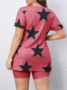 Flirla 大碼星星印花下擺開叉T恤和機車短褲 - 粉色 - 查看 2