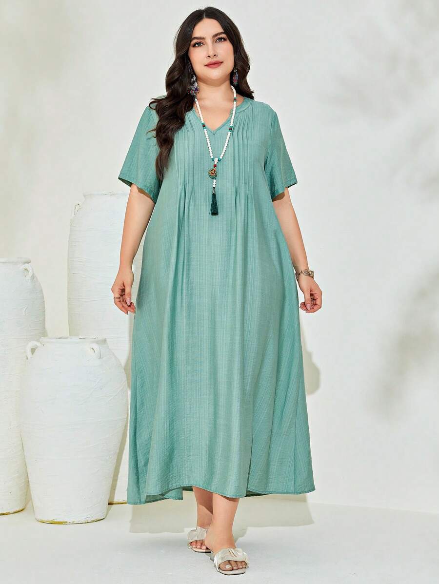 Al Najma Đầm Plus Size Xếp li màu trơn Khiêm tốn - Màu xanh Cadet - Xem 1