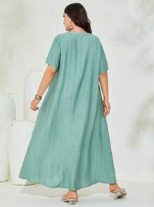 Al Najma Đầm Plus Size Xếp li màu trơn Khiêm tốn - Màu xanh Cadet - Xem 2