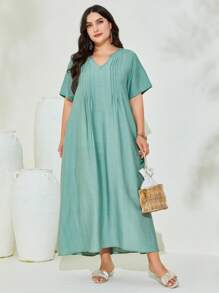 Al Najma Đầm Plus Size Xếp li màu trơn Khiêm tốn - Màu xanh Cadet - Xem 4