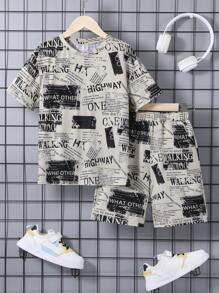 SHEIN Leap Crew 2pcs/Set Tween Boy Vacation Style Printed Graphic Round Neck Pullover Short Sleeve T-Shirt & Shorts Set - Multicolor - View 8