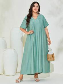 Al Najma Đầm Plus Size Xếp li màu trơn Khiêm tốn - Màu xanh Cadet - Xem 5