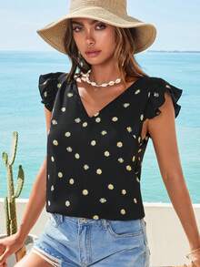 SHEIN VCAY Daisy Floral Print Ruffle Trim V Neck Blouse - Black - View 6