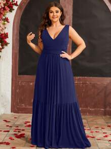 大碼荷葉邊雪紡伴娘連衣裙 - 藏蓝色 - 查看 1