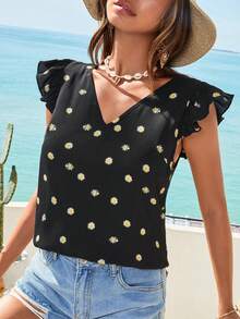 SHEIN VCAY Daisy Floral Print Ruffle Trim V Neck Blouse - Black - View 4
