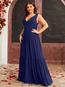 大碼荷葉邊雪紡伴娘連衣裙 - 藏蓝色 - 查看 5