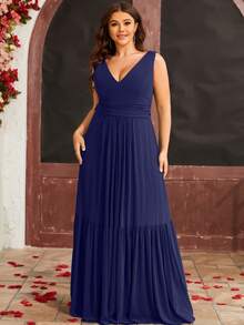 大碼荷葉邊雪紡伴娘連衣裙 - 藏蓝色 - 查看 6