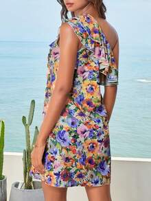 SHEIN VCAY Allover Floral Print One Shoulder Ruffle Trim Dress - Multicolor - View 2