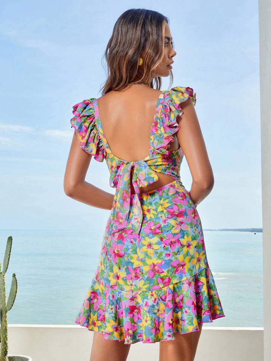 Soleia Floral Print Ruffle Trim Tie Backless Dress - Multicolor - View 1