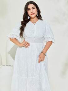 Mulvari Đầm Plus Size Sò điệp Dải chun Thắt nơ trước Tranh thêu màu trơn Boho - trắng - Xem 4