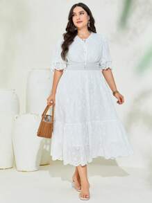 Mulvari Đầm Plus Size Sò điệp Dải chun Thắt nơ trước Tranh thêu màu trơn Boho - trắng - Xem 6