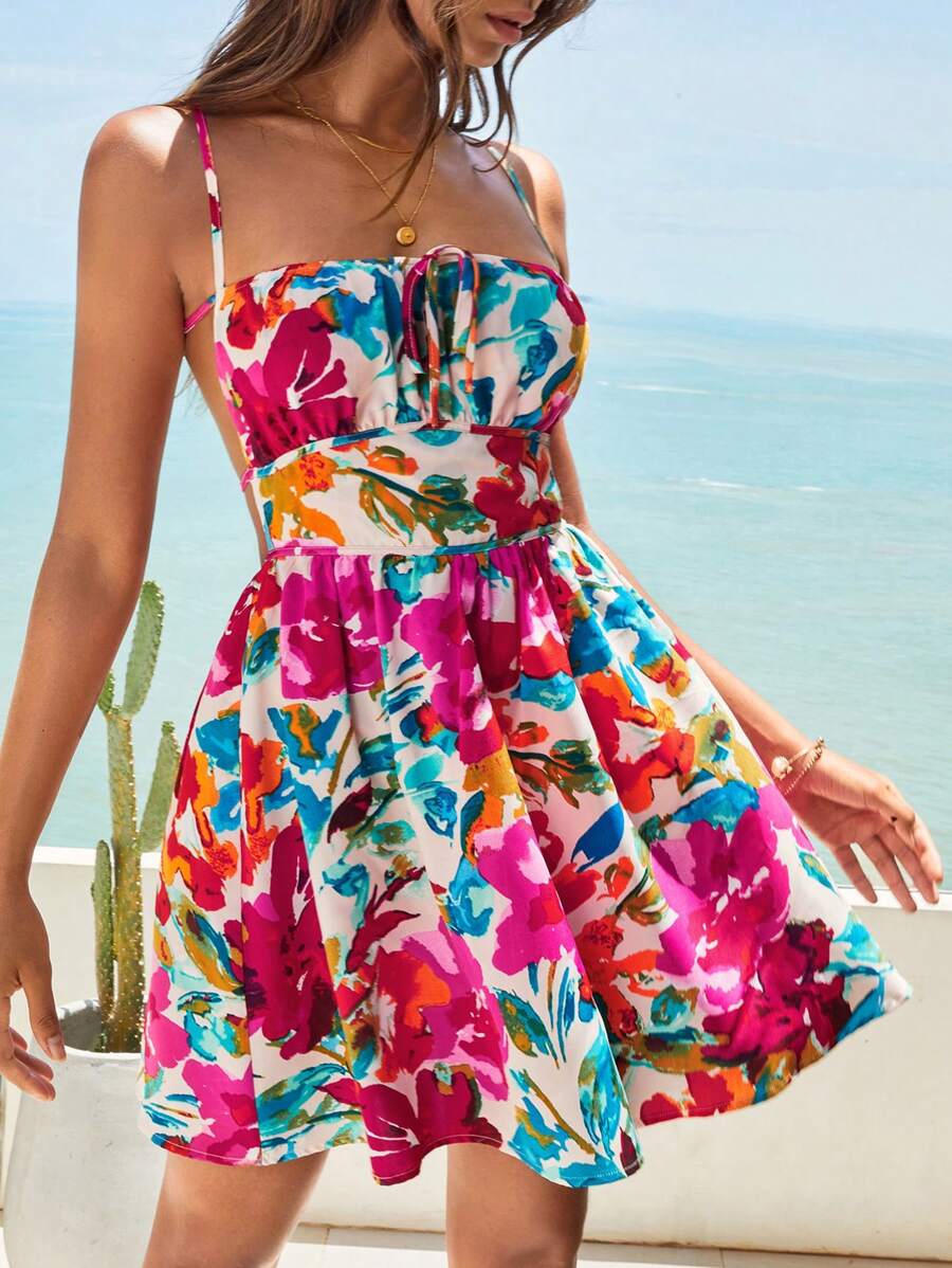 SHEIN VCAY Floral Print Tie Front Cami Dress - Multicolor - View 1