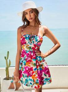 SHEIN VCAY Floral Print Tie Front Cami Dress - Multicolor - View 4